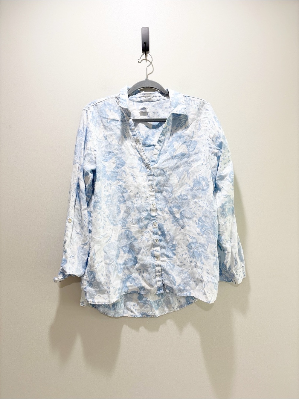 Sigrid Olsen Light Blue Floral Button-Down Shirt Linen Lightweight Size Large